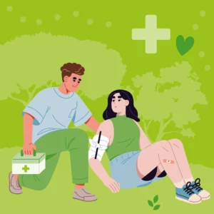 Illustration eines Mannes, der einer verletzten Frau im Wald hilft