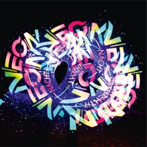 Lichtshow, bei der mehrfach das Logo der NeonNacht in die dunkle Nacht hineingezaubert wurde